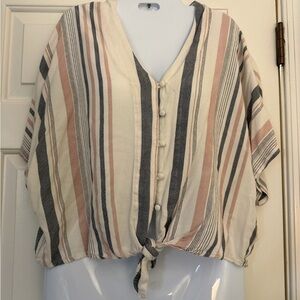 Sim & Sam batwing butterfly sleeve crop top Striped Button-Down Tie-Front Top